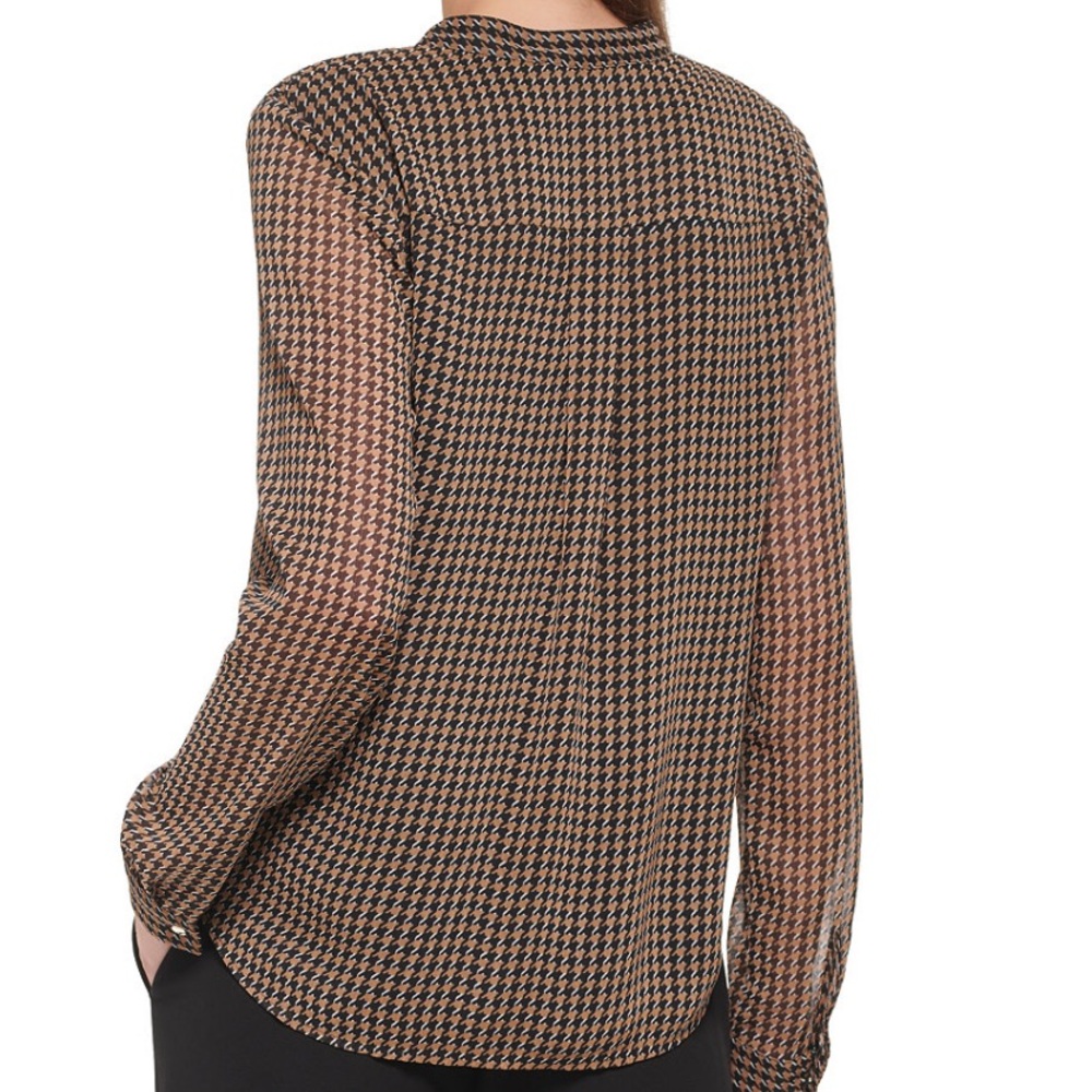 Tommy Hilfiger Brown Houndstooth Ruffle Tie Neck Long Sleeve Blouse size Large - Picture 9 of 11